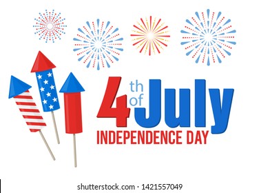 American Independence Day, festive banner with american flags and fireworks, 4th of July. Vector