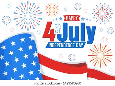 American Independence Day, festive banner with american flag and fireworks. Vector