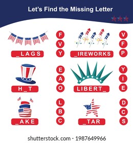 American Independence Day finds the missing letter game for Preschool Children. Missing letters game and write them in the appropriate places. Educational spelling printable game worksheet. 