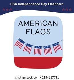 American Independence Day Flashcards. Cute 4th July flashcards. Educational printable game cards. Vector illustration.