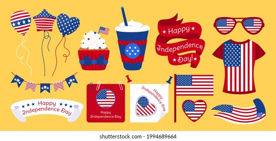 American Independence Day flat set. Flags ribbon, tshirt, pennant garland, glass coffee, muffin, paper note clips buttons, glasses, balloon strip tape. American patriot design USA kit. Isolated vector