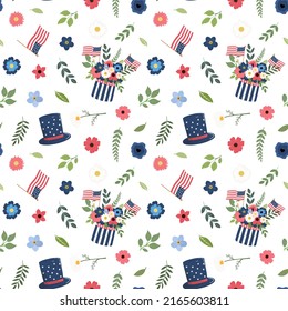 American Independence day floral seamless pattern with top hat, flags, flowers in national colors. Isolated on white background. 4th of July patriotic themed design.