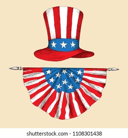 American independence day. Hat with the flag of the United States of America with the tape. The American symbol is uncle Sam's hat. Hand drawing in sketch style.