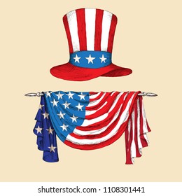 American independence day. Hat with the flag of the United States of America with the tape. The American symbol is uncle Sam's hat. Hand drawing in sketch style.