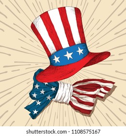 American independence day. Hat with the flag of the United States of America with the tape. The American symbol is uncle Sam's hat. Hand drawing in sketch style.