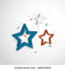 American independence day. Holiday background with 3d stars and confetti. Vector illustration.