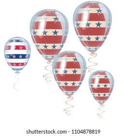 American Independence Day holiday decoration elements. Beautiful helium flying balloons bunch. July 4th symbols in USA flag colors.