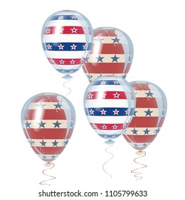 American Independence Day holiday decoration elements. Beautiful helium flying balloons bunch. July 4th symbols in USA flag colors.
