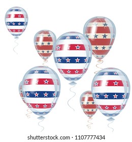 American Independence Day holiday decoration elements. Beautiful helium flying balloons bunch. July 4th symbols in USA flag colors.