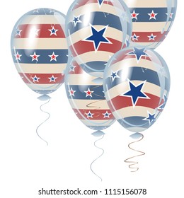 American Independence Day holiday decoration elements. Beautiful helium flying balloons bunch. July 4th symbols in USA flag colors.
