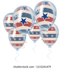 American Independence Day holiday decoration elements. Beautiful helium flying balloons bunch. July 4th symbols in USA flag colors.