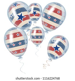 American Independence Day holiday decoration elements. Beautiful helium flying balloons bunch. July 4th symbols in USA flag colors.