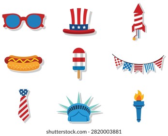American Independence Day icon collection featuring patriotic hats flags hotdog sunglasses rockets and Statue of Liberty symbols isolated colorful vector illustration for festive holiday celebrations.