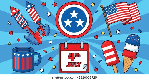 American Independence Day icon collection featuring patriotic fireworks flags calendar rockets shield mug and summer treats isolated colorful vector illustration for Fourth of July celebrations.