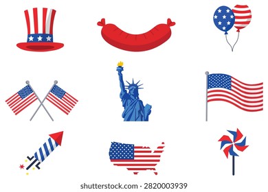 American Independence Day icon collection featuring flags Statue of Liberty fireworks patriotic decorations and celebration symbols isolated colorful vector illustration for national holiday promotions.