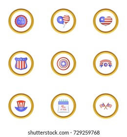 American independence day icons set. Cartoon style set of 9 american independence day vector icons for web design