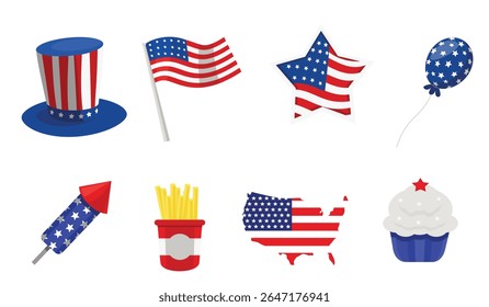 American Independence Day Illustrations set with fast food, fireworks, USA map, USA flag and cupcake