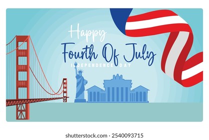 American Independence Day, July 4. US flag flying with famous buildings in America. Independence Day USA concept. Flat vector illustration.