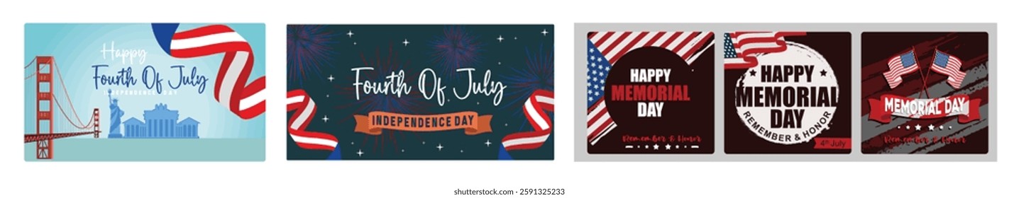 American Independence Day, July 4. American Independence Day celebration. Remembering and honoring the US military who died while serving. Independence Day USA concept. Set flat vector illustration.