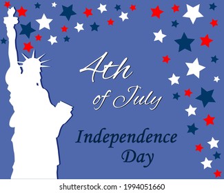 American Independence Day lettering design, the Statue of Liberty and a scattering of stars. A template background for greeting cards, posters, leaflets and brochure