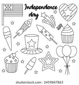 American Independence Day line set. Outline US flag, star, cupcakes, fireworks, ice cream and heart collection. 4th july celebration.