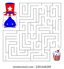 American Independence Day maze game for kids. Cute gnome looking for a way to the cupcake. Doodle cartoon style. Printable worksheet.