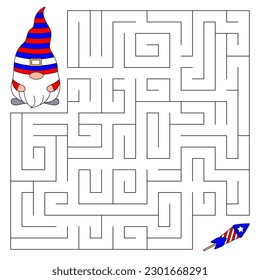 American Independence Day maze game for kids. Cute gnome looking for a way to the firework. Doodle cartoon style. Printable worksheet.