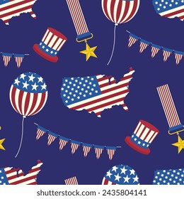American independence day ornament seamless pattern on blue.