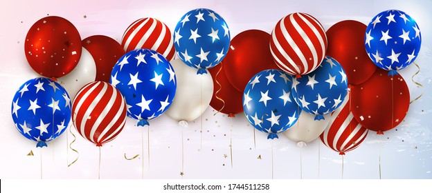 Tag der Unabhängigkeit Amerikas. Panoramawaagerechter Banner mit Ballons. Juli. Gedenktag des usa.Vector Hintergrunds.