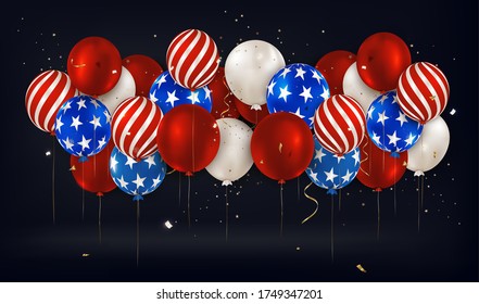 American independence day. Panoramic horizontal banner with balloons on a black. The 4th of July. Memorial day of the usa.Vector background.