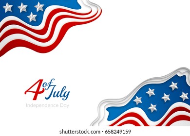 American Independence Day Paper Cut Design. Colorful Carving Art. 3D Abstract Vector Background. Horizontal Layered  Banner With USA Flag Concept.