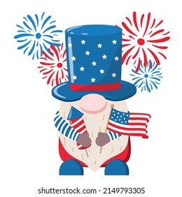 Nome patriótico del Día de la Independencia de Estados Unidos en un sombrero alto con cracker y bandera en las manos. Ilustración vectorial. Invitación de fiesta del 4 de julio, diseño de tarjeta. Aislado sobre fondo blanco.