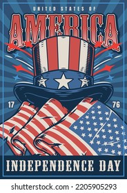 American independence day poster colorful vintage hat and flags on invitation to national day of freedom and democracy vector illustration