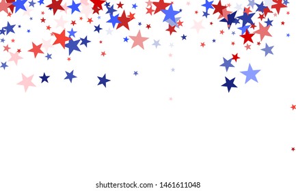 American Independence Day red blue white stars vector backgound. USA flag colors patriotic July 4th wallpaper. Flying stars confetti american symbols. Independence day fireworks abstraction.