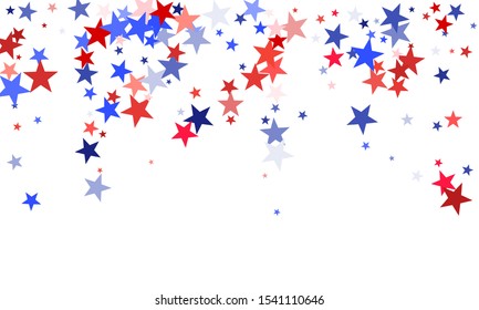 American Independence Day red blue white stars vector backgound. US flag colors trendy july 4th wallpaper. Flying stars confetti american symbols. Independence day celebration graphics.