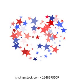 American Independence Day red blue white stars vector backgound. USA flag colors bright fourth of july wallpaper. Flying stars confetti american symbols. Independence day fireworks abstraction.
