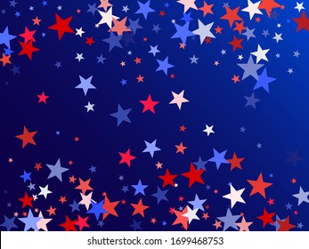 Amerikanischer Unabhängigkeitstag, roter blauer Sterne Vektorillustration Hintergrund. USA Flagge Farben trendy juli 4th Tapete. Fliegende Sterne konfetti amerikanische Symbole. Unabhängigkeitstag-Feierlichkeiten, Illustration.