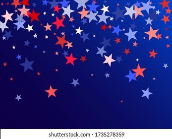 American Independence Day Red Blue White Stars Vector Backgound. USA Flag Colors Patriotic Fourth Of July Wallpaper. Flying Stars Confetti American Symbols. Independence Day Fireworks Abstraction.