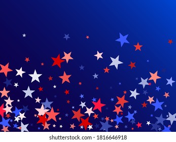 American Independence Day red blue white stars vector backgound. USA flag colors cool fourth of july wallpaper. Flying stars confetti american symbols. Independence day celebration graphics.