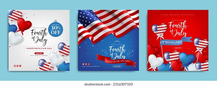 American independence day sale promotion social media post template. Business on 4th of july or usa national day marketing banner with love or heart balloon and united states flag. Republic day flyer.