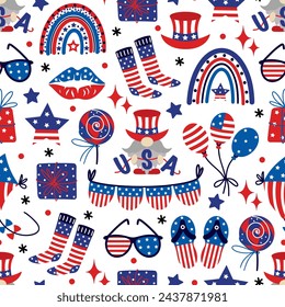 American Independence Day, seamless vector pattern. 4th of July celebration-a gnome in a hat, balloons, stars, a rainbow in the colors of the USA flag. Traditional national event, patriotic background