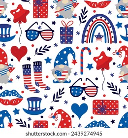 American Independence Day, seamless vector pattern. 4th of July celebration - gnome with a firecracker, balloons, stars, hats, gifts in the colors of the USA flag. National event, patriotic background