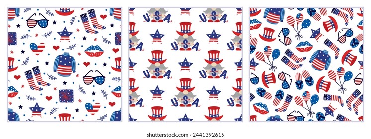 American Independence Day, seamless vector patterns set. 4th of July celebration-gnome in a hat with a USA garland, balloons, stars, kiss of freedom. Traditional national event, patriotic backgrounds