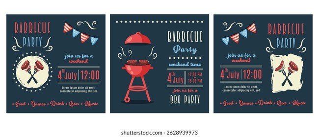 Dia da Independência Americana. Conjunto de fundos de churrasco com braseiro, bifes, vegetais. Churrasqueira. 4 de julho convites para festas, banners, panfletos. Elementos de piquenique festivos. Ilustração em plano vetorial 