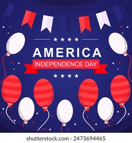 American Independence Day social media post template design with vector illustration of balloons, stars and dark blue background