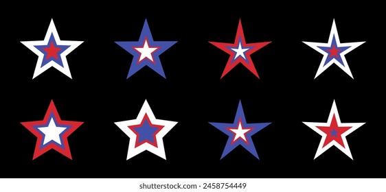 American Independence day star shape stickers and badges, design elements. Decorative labels. Vector illustration.