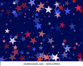 American Independence Day stars background.  Holiday confetti in US flag colors for President Day. Red blue stars American patriotic pattern. July 4 cool stardust on dark blue.
