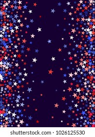American Independence Day stars background.  Holiday confetti in US flag colors for President Day. Red blue white stars American patriotic graphics. July 4 cool stardust.