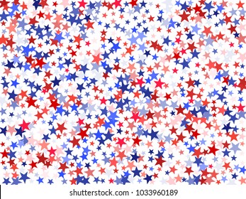 American Independence Day stars background.  Holiday confetti in USA flag colors for President Day. Red blue stars American patriotic design. July 4 cool stardust.