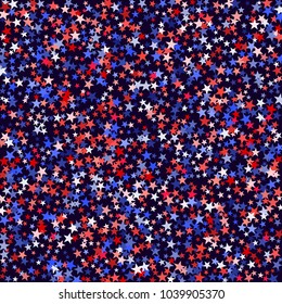 American Independence Day stars background.  Holiday confetti in USA flag colors for President Day. Red blue white stars American patriotic backdrop. July 4 festive stardust on dark blue.